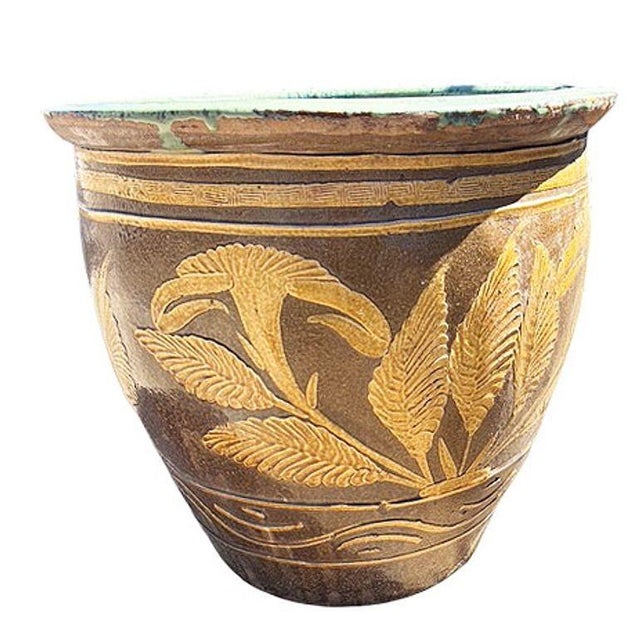 Victorian Half Price Sale $850 Antique Chinese Century-Egg Pottery Jar W/ Bird Fern Motif For Sale - Image 3 of 5