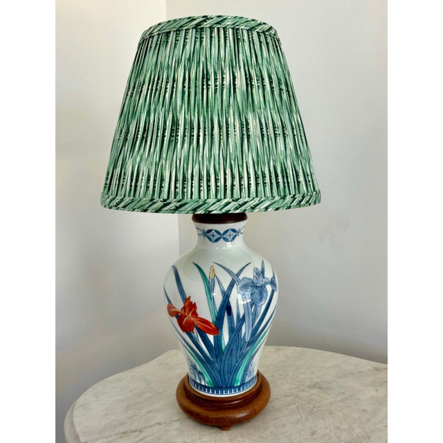 1970s Japanese Iris Lamp With Green Pleated Shade For Sale - Image 11 of 11