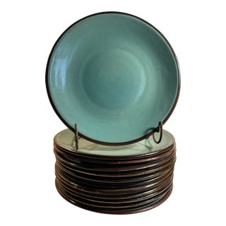 Vintage 1960’s French Blue Stoneware Jars Turron Dinner Plates Set of 12 For Sale