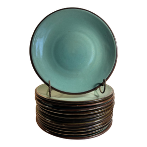 Vintage 1960’s French Blue Stoneware Jars Turron Dinner Plates Set of 12