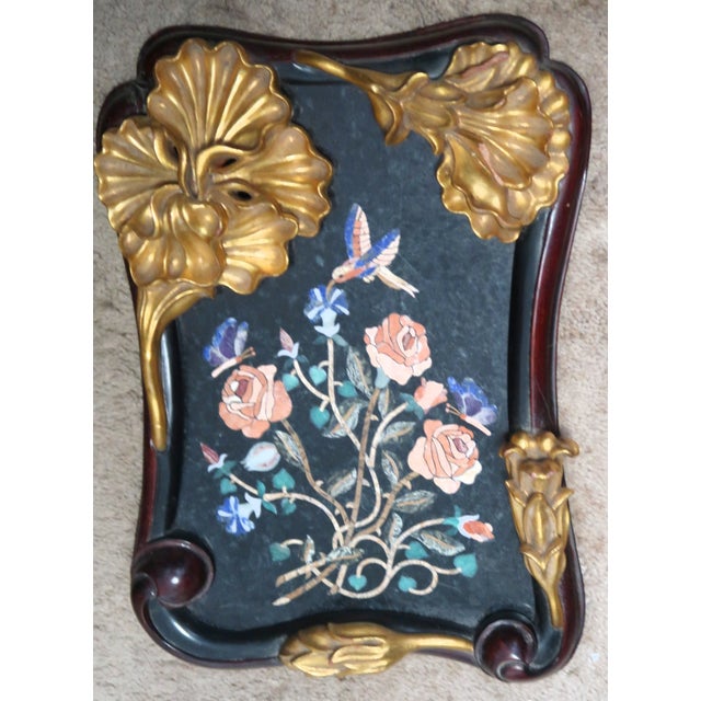 Italian Exquisite Pietra Dura (Pietra Dure) Rendition of Flowers, Birds, Butterflies, Framed With Lovely Shaped Wood Frame With Molded Flowers, by N. Luedtke For Sale - Image 3 of 15