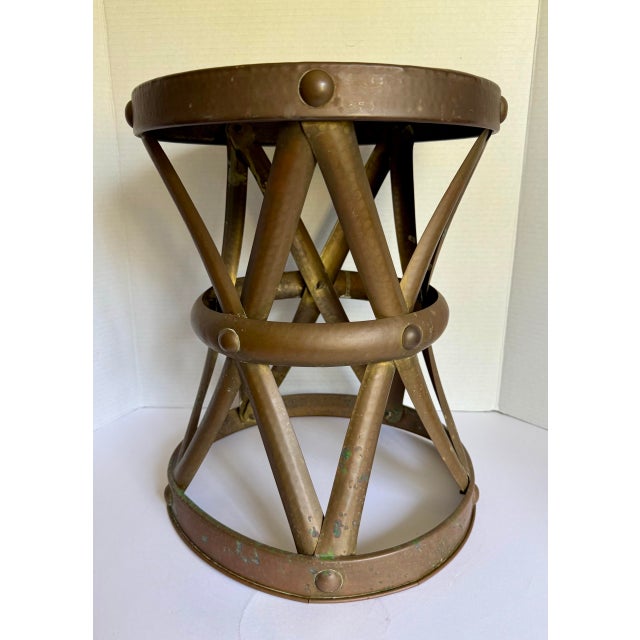 Vintage Hammered Brass X-Form Drum Stool With Riveted Details For Sale - Image 9 of 11