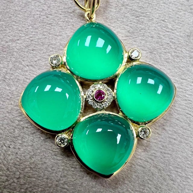 Syna Yellow Gold Green Chalcedony Pendant with Ruby and Diamonds For Sale - Image 4 of 5