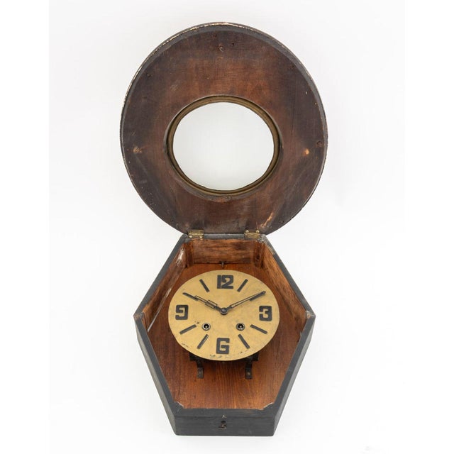 French Art Deco Oval Mahogany and Brass Wall Clock For Sale In New York - Image 6 of 7