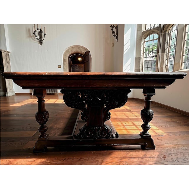 Monumental English oak refectory table of exceptional scale, executed in the Jacobean tradition and crafted from richly...