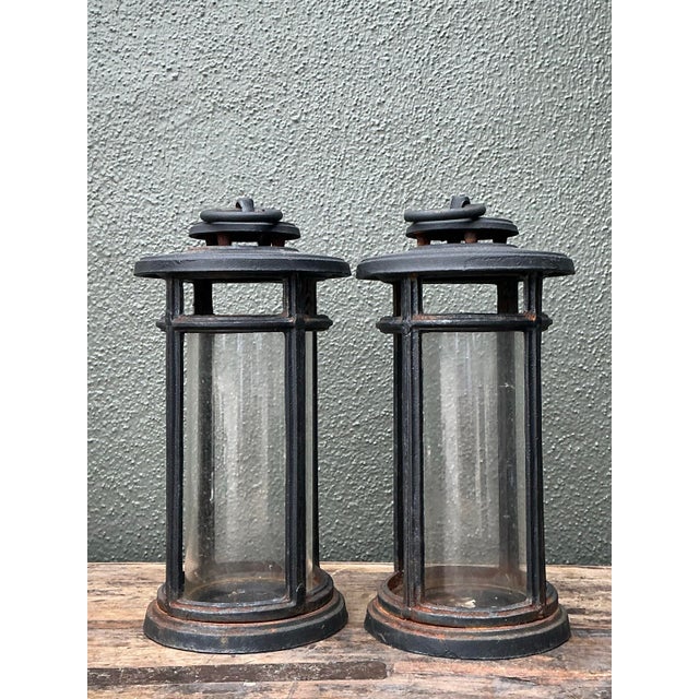 Black Vintage Wrought Iron Lanterns - A Pair For Sale - Image 8 of 12