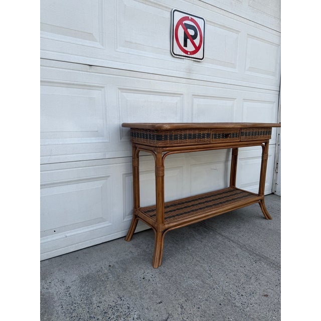 Late 20th Century Vintage Boho Rattan & Wicker Console Table With Drawer and Woven Shelf For Sale - Image 5 of 12