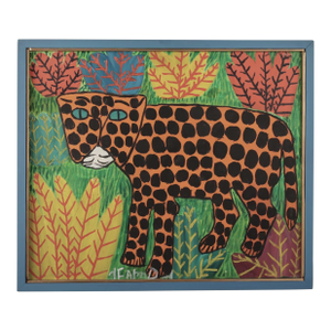 Vintage Haitian Painting of a Leopard by Ti Tra Jean Fatreuse Delva