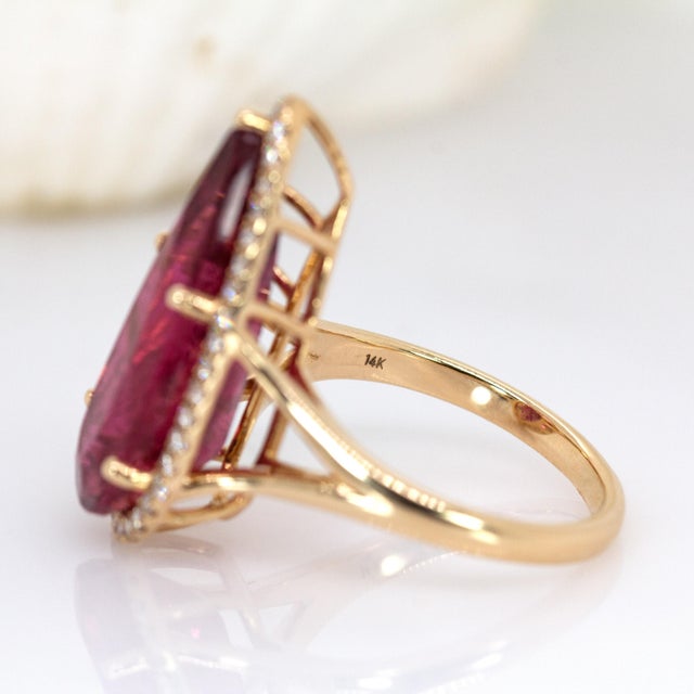 Metal 7.75cts Rubellite Tourmaline and Accented Diamond Ring in 14k Solid Yellow Gold For Sale - Image 7 of 7