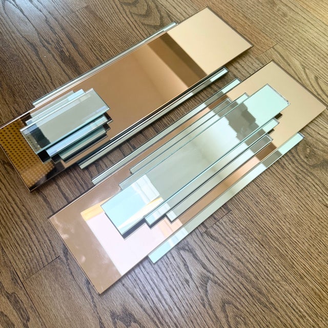 Vintage Art Deco Copper Mirror Wall Panels – Post Modern Geometric Pair For Sale - Image 13 of 15