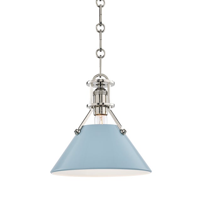 Transitional Hudson Valley Lighting Mark D. Sikes Painted No.2 1-Light Small Pendant, Polished Nickel/Blue Bird For Sale - Image 3 of 3