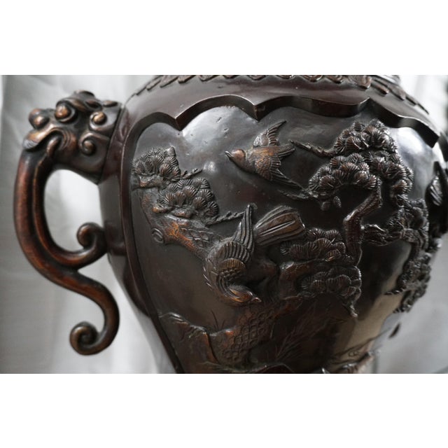 Monumental Japanese Patinated Bronze Crane Floor Vase With Shishi Lion Handles | Meiji Style For Sale - Image 11 of 12