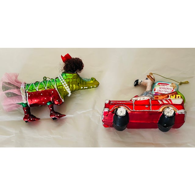 Two whimsical Tropicsl Florida Christmas Ornaments Flamingo and Crocodile. Handpainted