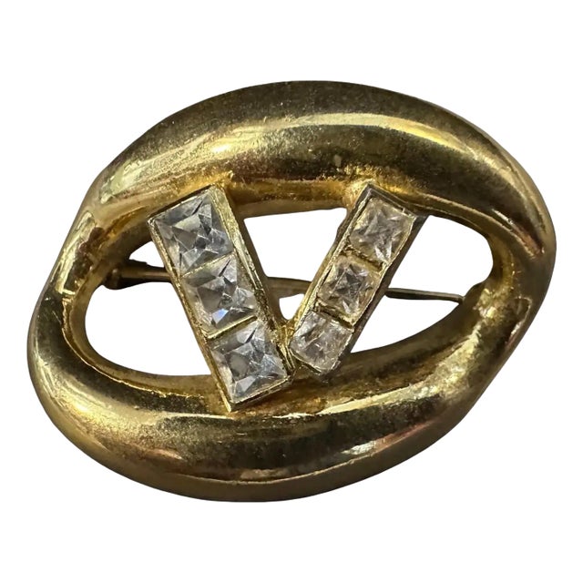 1990s Brass and Strass Logo Brooch by Valentino For Sale