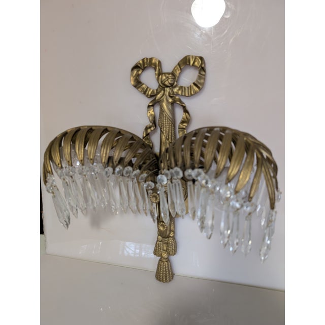 Mid 20th Century Baccarat Style Crystal Bronze Palm Tree Leaf Sconce For Sale - Image 10 of 11