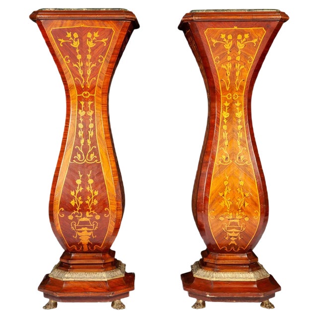Large 19th Century French Marquetry Inlaid Pedestals, Set of 2 For Sale