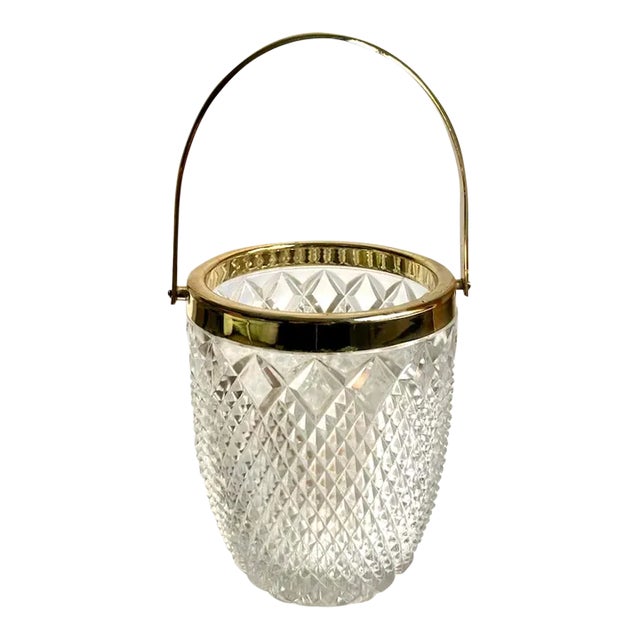 Mid Century Clear Crystal Diamond Point & Gold Handled Ice Bucket For Sale