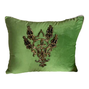 Early 19th Century Apple Green Velvet With Handmade Gold Embroidery Pillow