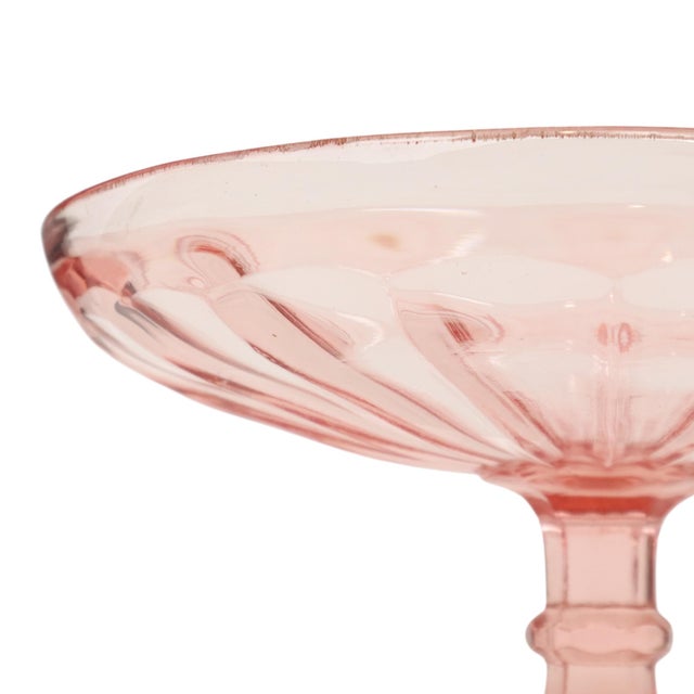Beautiful tall Art Deco fruit bowl made of pink-colored pressed glass, also known as depression glass, 1930s, marked Fait...