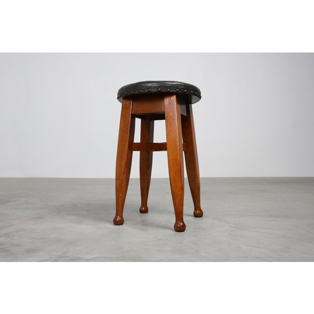 Black Early Art Deco Arts & Crafts Oak & Leather Stool, France, 1920s For Sale - Image 8 of 11
