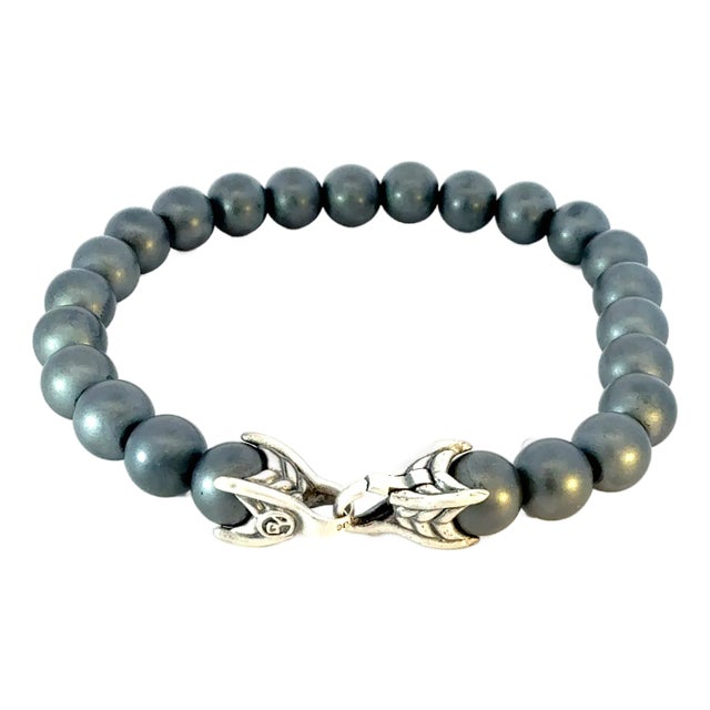 David Yurman Hematite Prayer Beads Bracelet 8" 8 mm Sterling Silver Estate For Sale