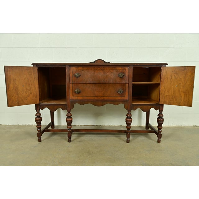 Berkey & Gay Berkey & Gay Style Antique English Jacobean Carved Walnut and Burl Wood Sideboard, Circa 1920s For Sale - Image 4 of 13