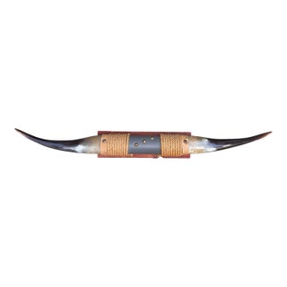 Vintage Rustic Southwestern Ranch / Lodge Wall Mounted Steer Horns With Leather and Rope — 27” For Sale
