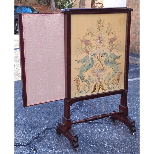 19th Century Victorian Carved Walnut and Embroidered Silk Rolling Fireplace Screen For Sale In Washington DC - Image 6 of 13