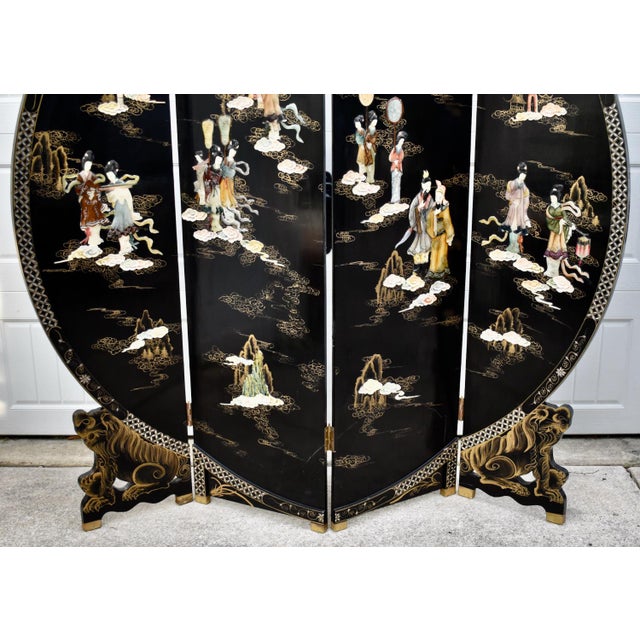 4 Panel Room Divider Vintage Chinese Coromandel Round Screen Black Lacquer For Sale - Image 12 of 16