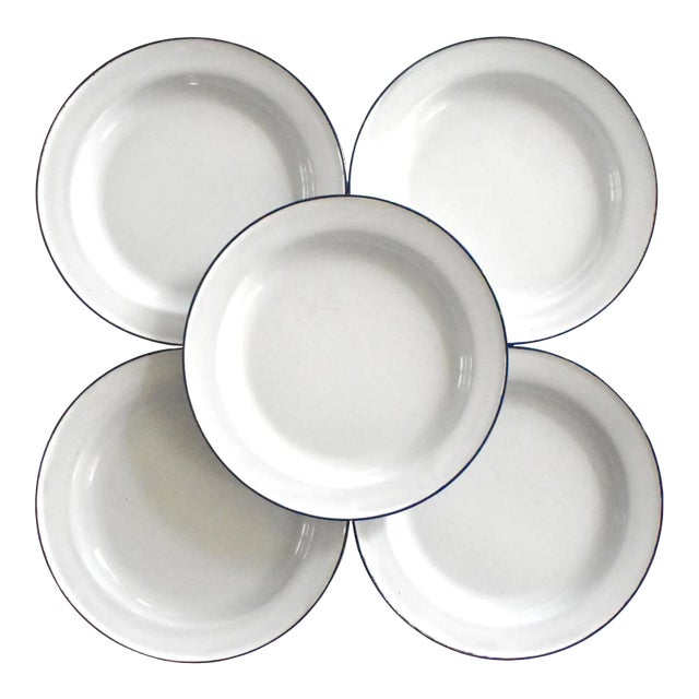 Set of 5 Mid-Century Blue & White Tole Enamelware Picnic Plates For Sale