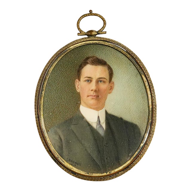 Early 20th Century Art Antique Portrait Miniature Painting Young Man Portrait in Ornate Brass Frame Home Decor For Sale
