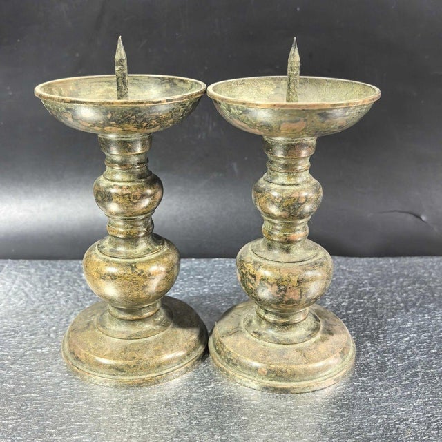 Pair of Vintage Bronze Candlesticks, Traditional Pricket Candle Holders, Chinoiserie Altar Decor For Sale - Image 9 of 10