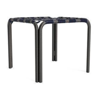 Brown Jordan Kantan Aluminum Stacking Stool/Occasional Table, Vinyl Lace, Textured Pewter frame with Marine fabric For Sale