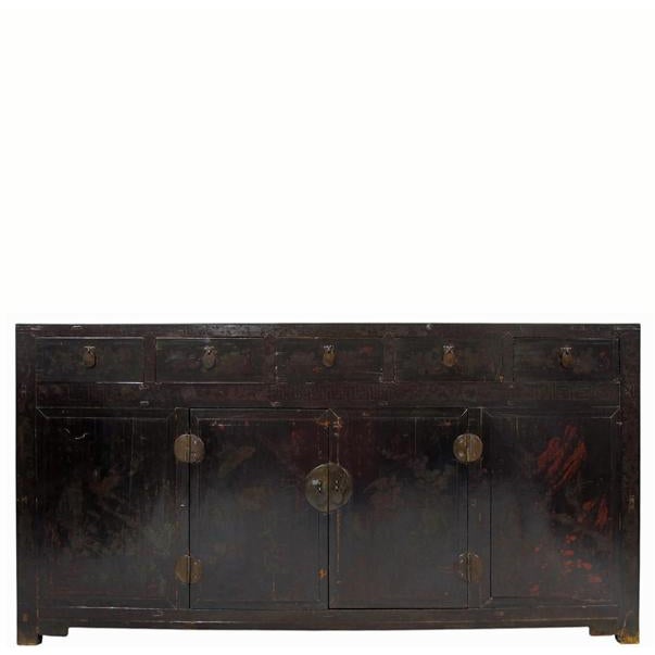 Antique Chinese Tall Sideboard With Faded Hand-Painted Doors, Red-Brown Patina For Sale