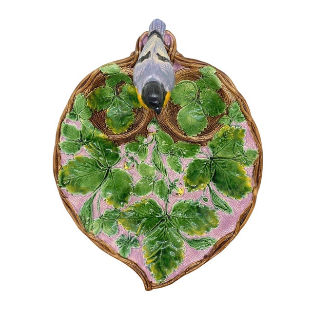 English Holdcroft Majolica Strawberry Server With Bird, Cream and Sugar Wells, Ca. 1875 For Sale - Image 3 of 12