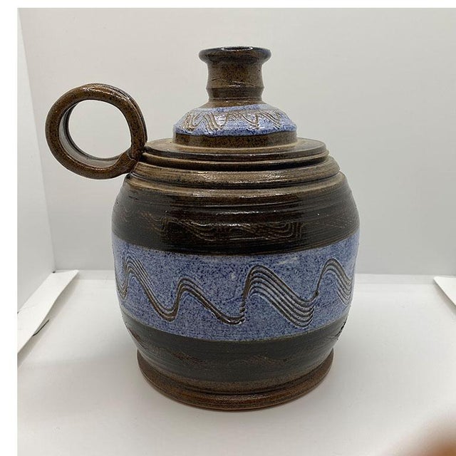 Mid Century Ceramic Vessel Vase or Carafe in Blue and Brown - Signed For Sale - Image 4 of 9
