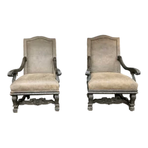 Pair of Louis VIII Style Carved Wood With Suede Leather Arm Chairs, 1990s
