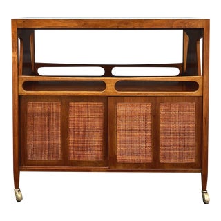 Vintage Mid-Century Rolling Bar Cart With Extendable Serving Surface and Sliding Cane Doors For Sale