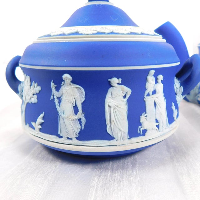 Mid-Century Modern 1960s Portland Blue Wedgwood Jasperware Teapot Sugar Bowl and Creamer For Sale - Image 3 of 13