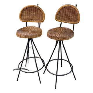 Mid Century Danny Ho Fung Style Wrought Iron Rattan Barstools, Counter Stools For Sale