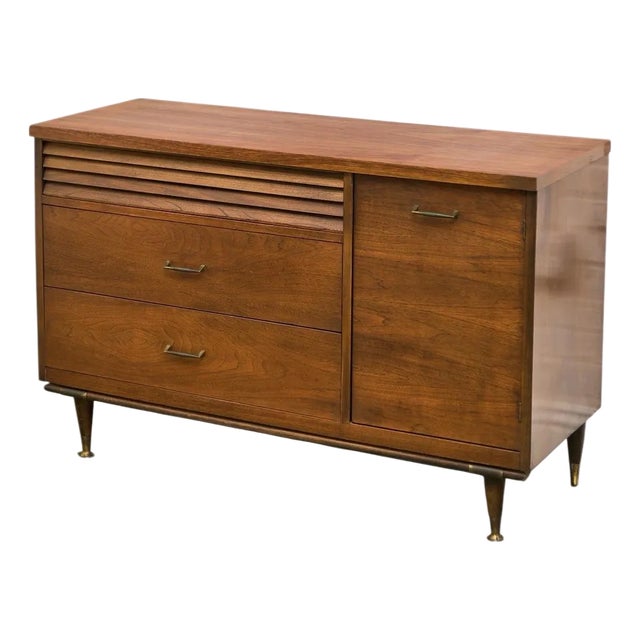 Merton Gershun Style Bassett Mid Century Walnut and Brass Louvered Credenza For Sale