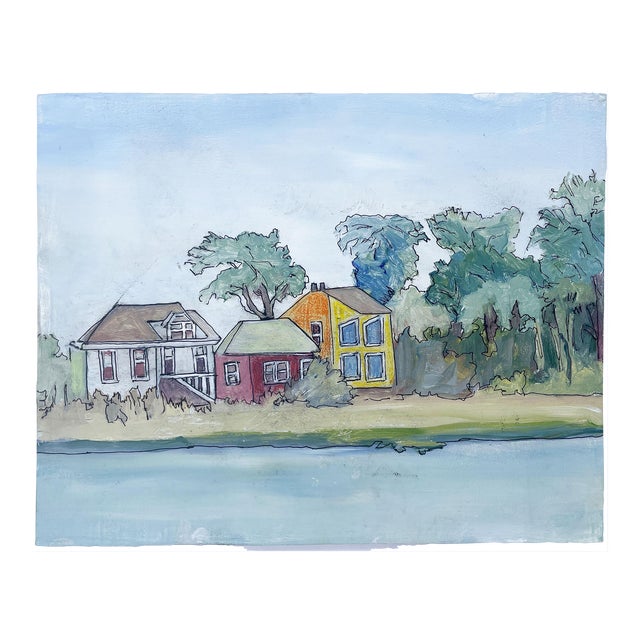 "Beach House" Original Landscape Mixed Media Painting - For Sale