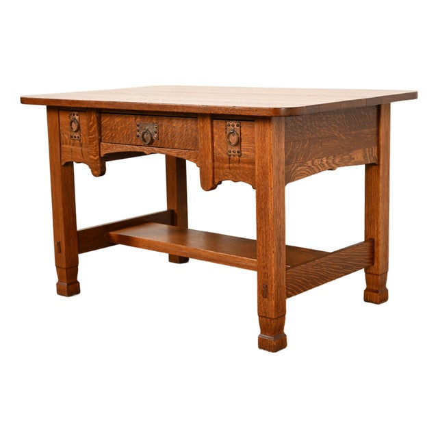 Stickley Brothers Style Antique Mission Oak Arts & Crafts Desk or Writing Table, Circa 1910 For Sale