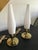 Lovely pair of petite Mid-Century Modern table lamps featuring elegant brass bases and original frosted white glass...