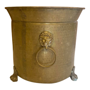 Vintage Hammered Brass Planter Lion Handles & Feet Handles Cachepot Wood Box