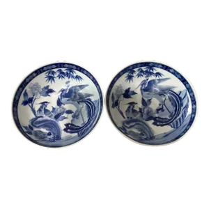 Vintage Pair of Crane Patterned Chinese Blue & White Imperial Porcelain Bowls