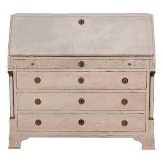 19th-Century Swedish Bureau With Carved Columns And Blue-Painted Interior For Sale