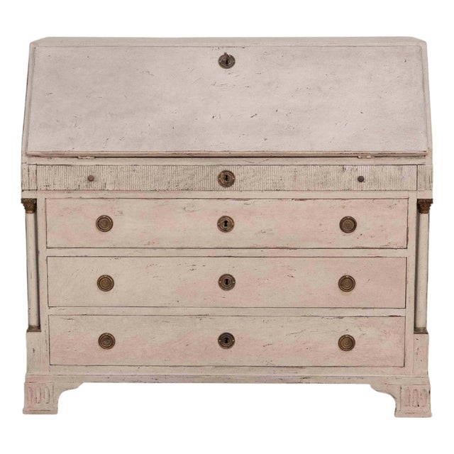 19th-Century Swedish Bureau With Carved Columns And Blue-Painted Interior For Sale