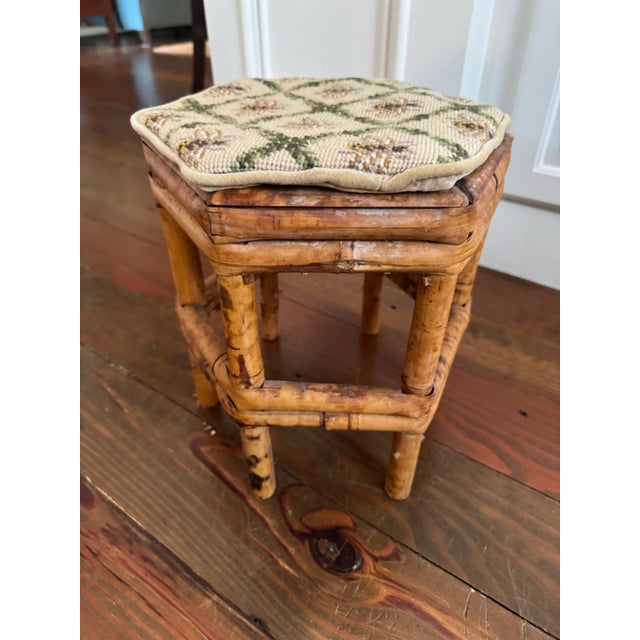 Vintage Burnt Bamboo Stool With Hand-Stitched Needlepoint Top For Sale - Image 9 of 9