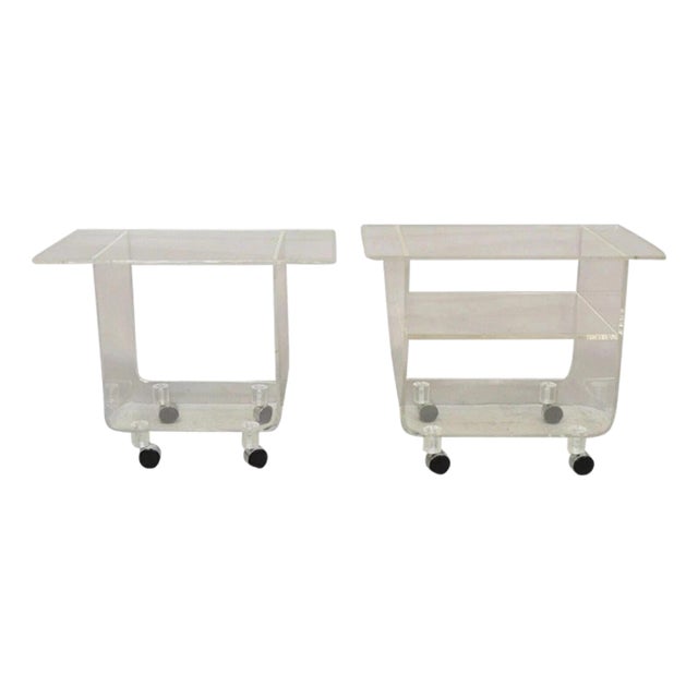 Vintage Clear Lucite Acrylic Mid Century Modern Rolling Side Tables - A Pair For Sale